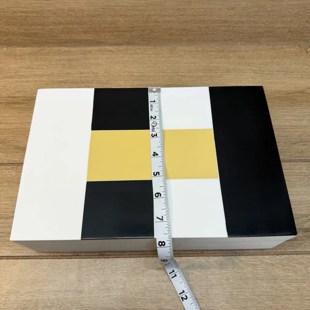 Handmade Wood Storage Stash Trinket Box Black Yellow White Geometric Hinged READ